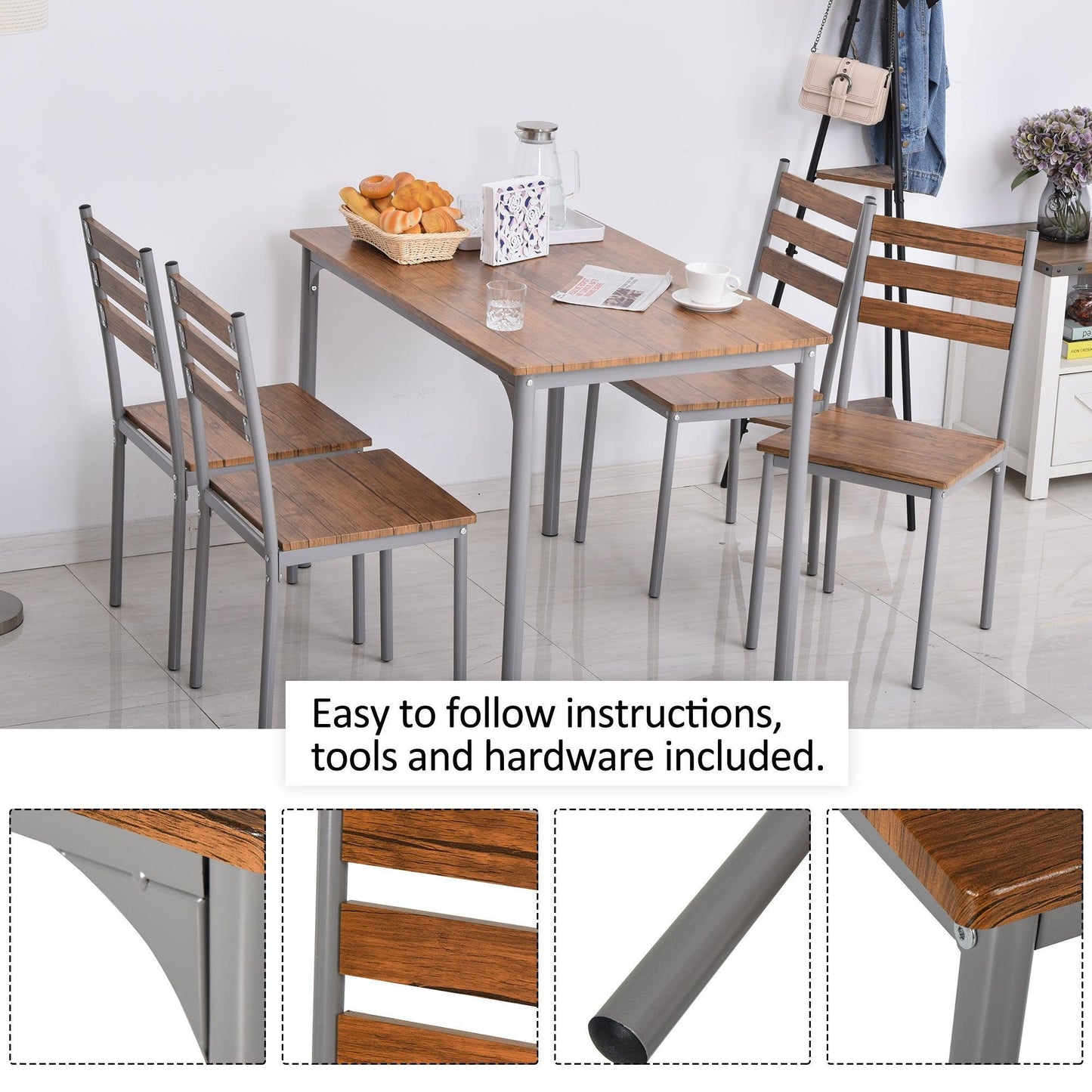 HOMCOM 5-Piece Brown Dining Set: Table & 4 Chairs - ALL4U RETAILER LTD