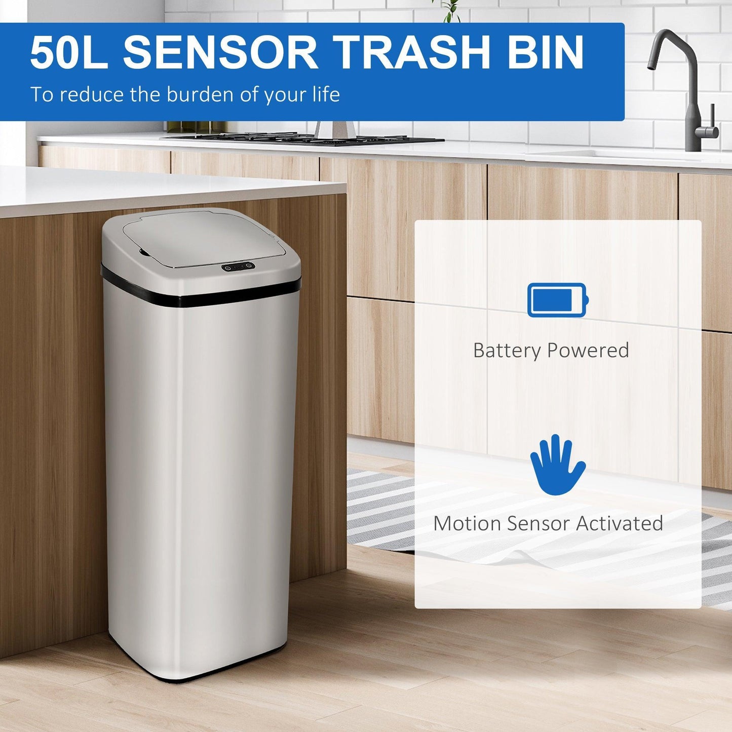 HOMCOM 50L Motion Sensor Stainless Steel Trash Can - ALL4U RETAILER LTD