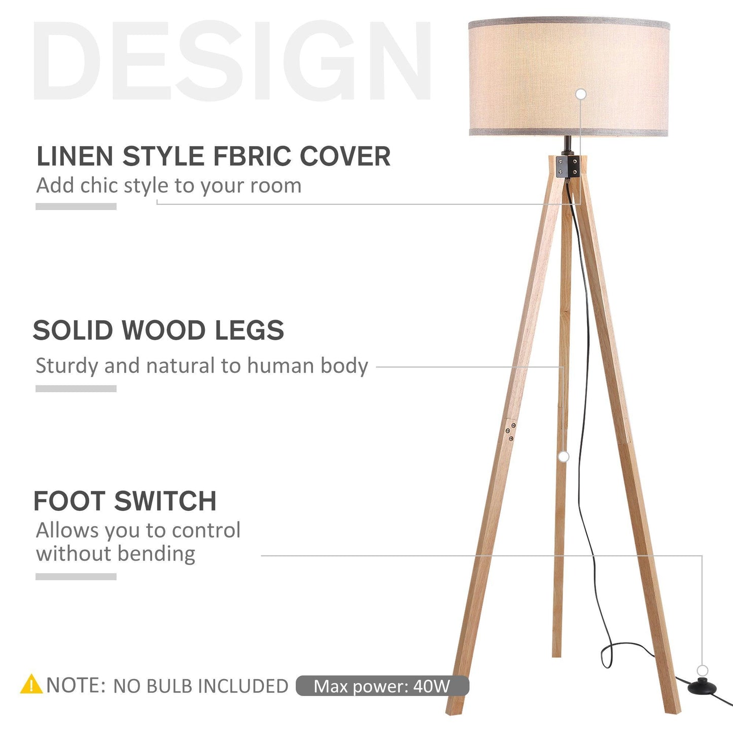 HOMCOM 5FT Tripod Floor Lamp - Beige - ALL4U RETAILER LTD