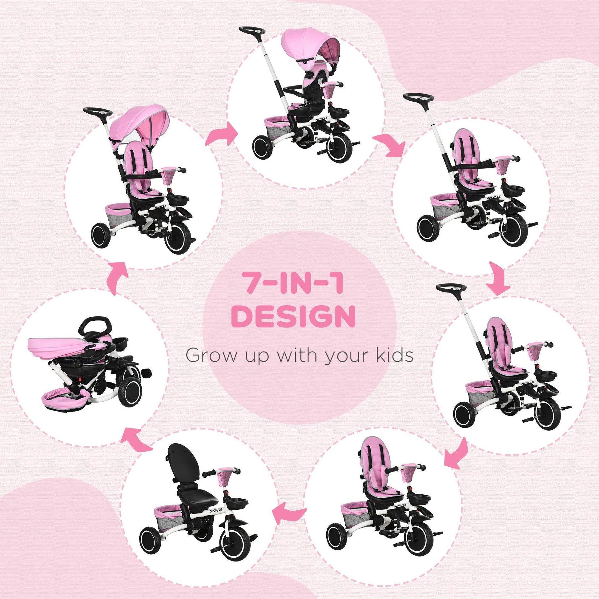 HOMCOM 7-in-1 Pink Tricycle for Kids - ALL4U RETAILER LTD