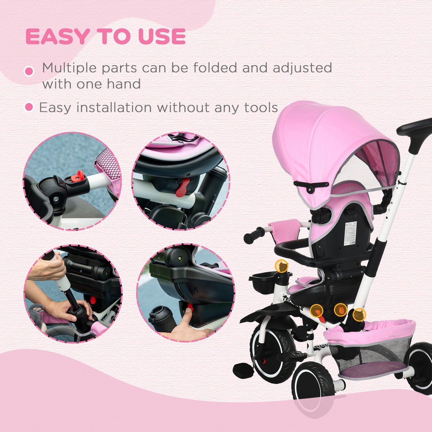 HOMCOM 7-in-1 Pink Tricycle for Kids - ALL4U RETAILER LTD