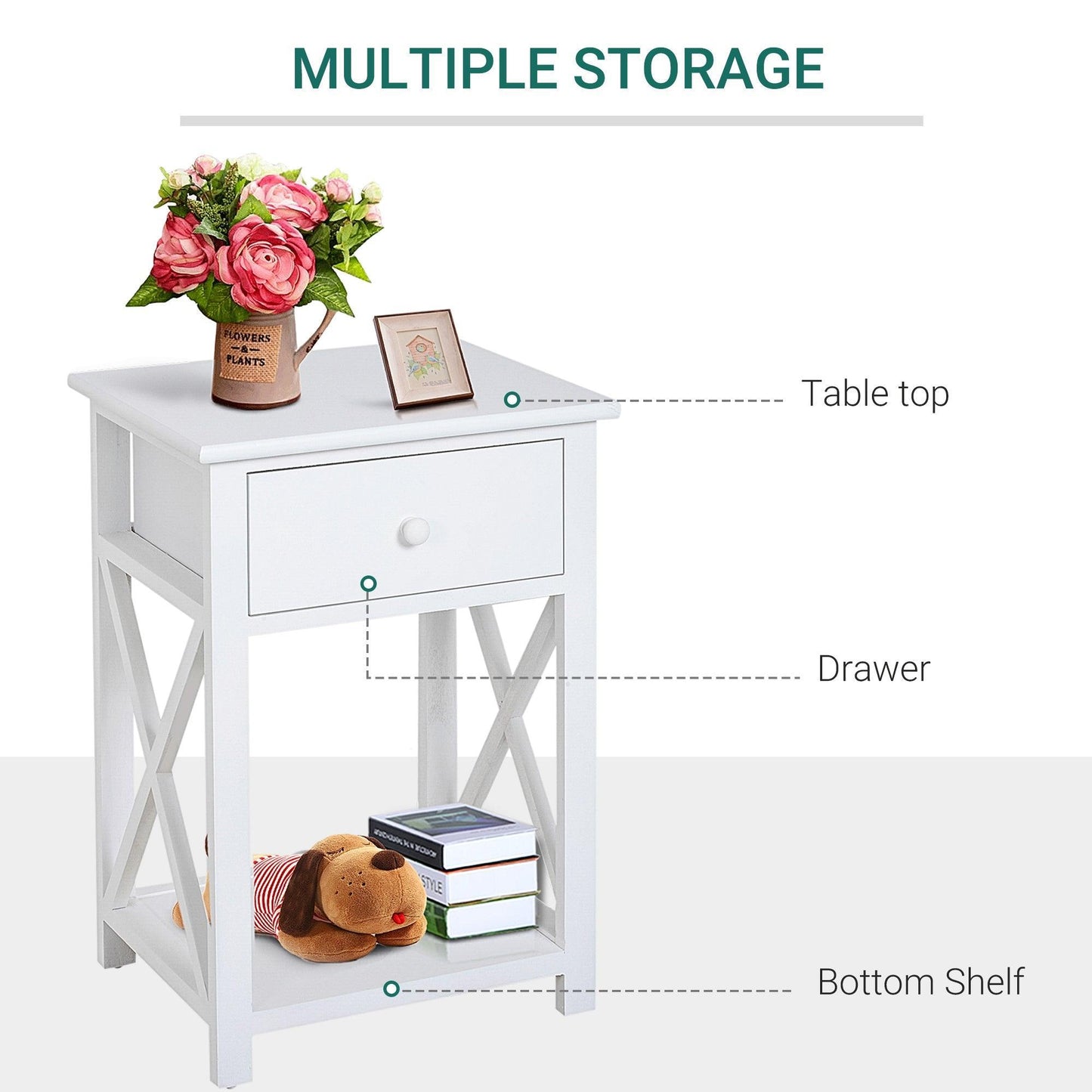 HOMCOM Accent End Table - 1 Drawer, X Bar Shelf (White) - ALL4U RETAILER LTD