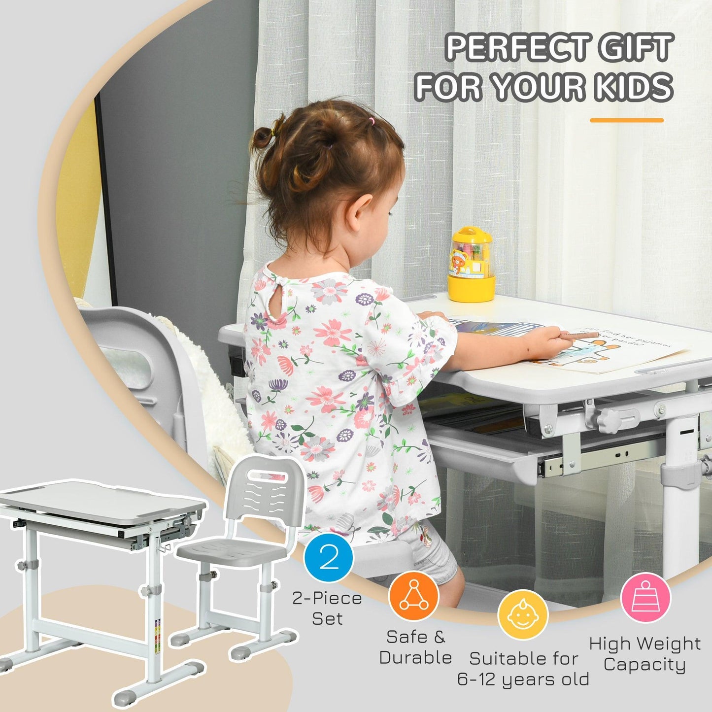 HOMCOM Adjustable Kids Study Table and Chair Set - Grey - ALL4U RETAILER LTD