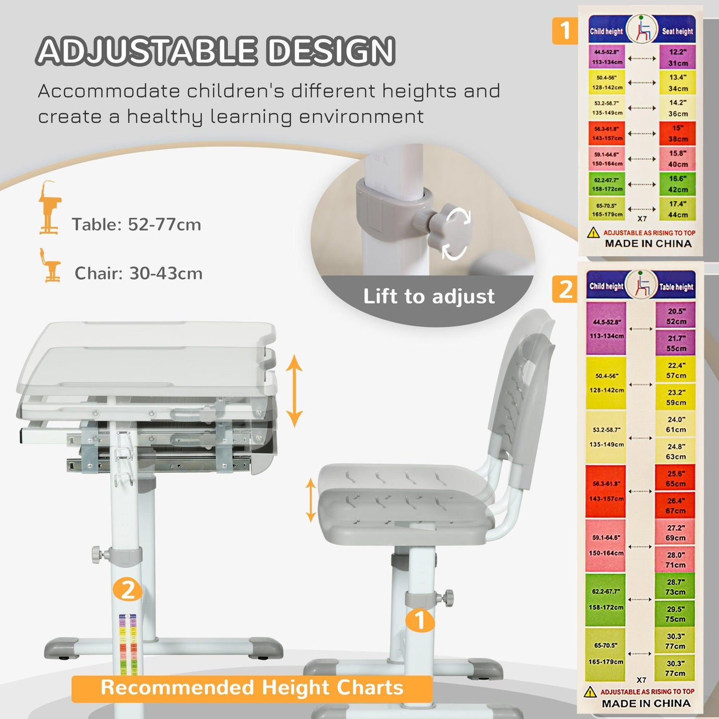 HOMCOM Adjustable Kids Study Table and Chair Set - Grey - ALL4U RETAILER LTD