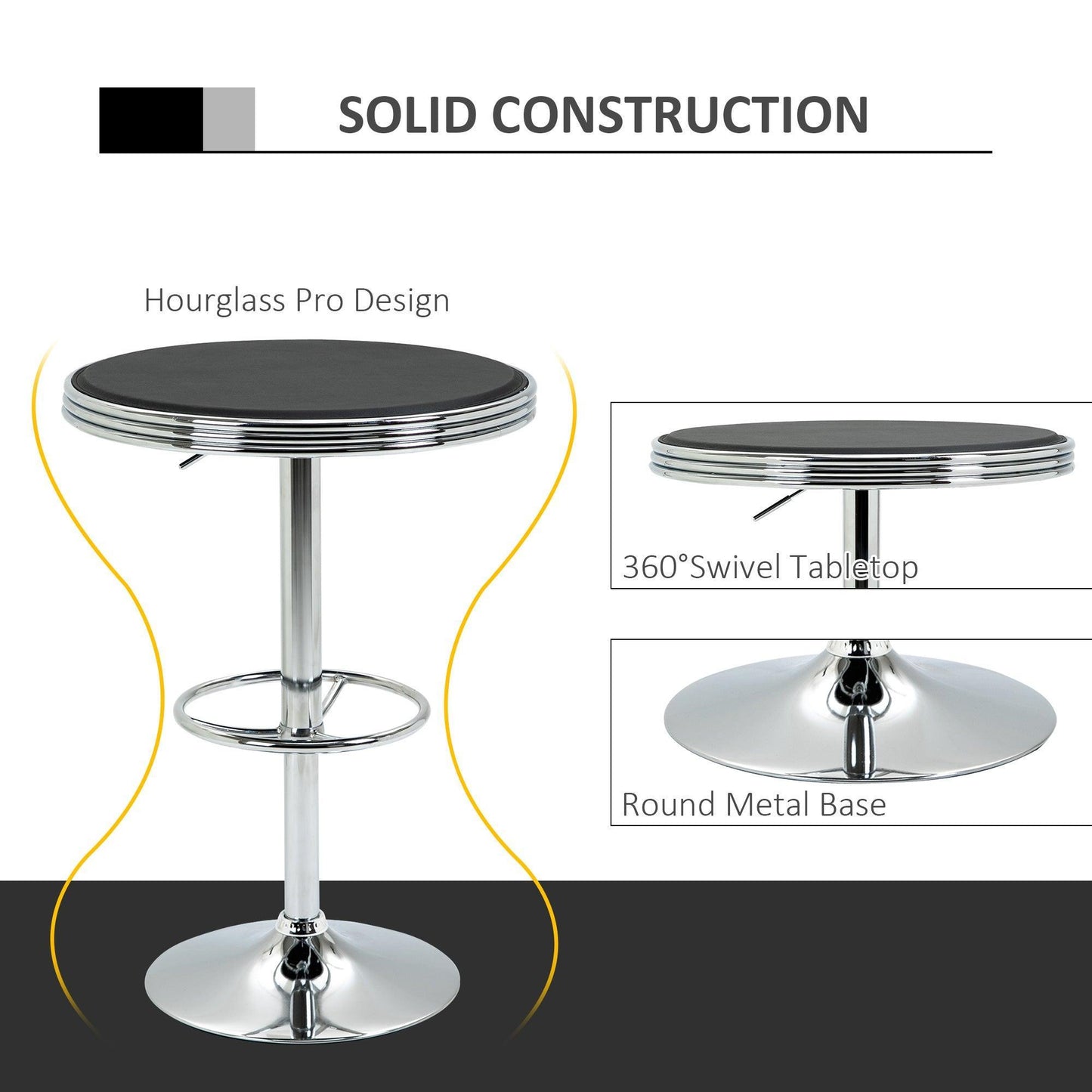 HOMCOM Adjustable Round Pub Table with Leather Top & Footrest - ALL4U RETAILER LTD