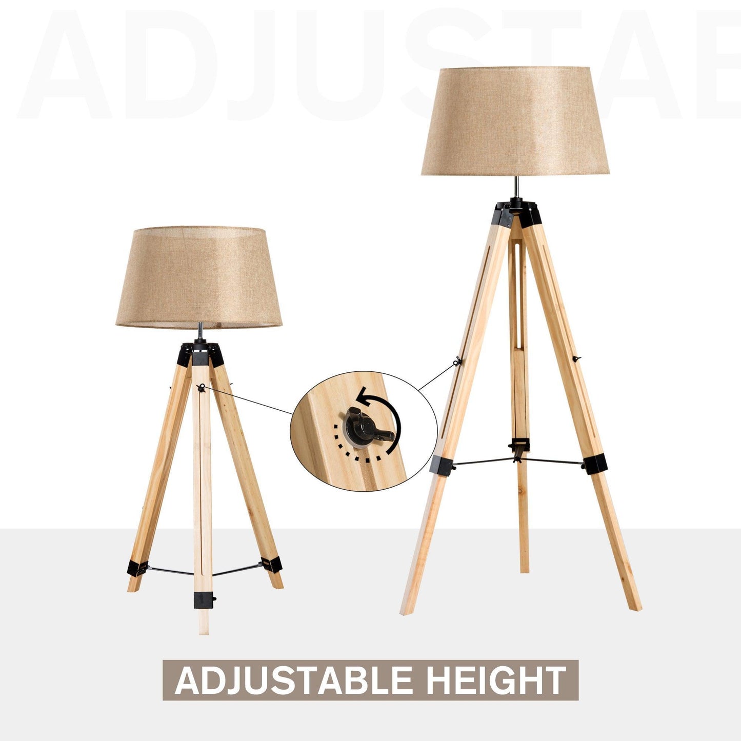 HOMCOM Adjustable Wooden Tripod Floor Lamp - Cream Shade - ALL4U RETAILER LTD