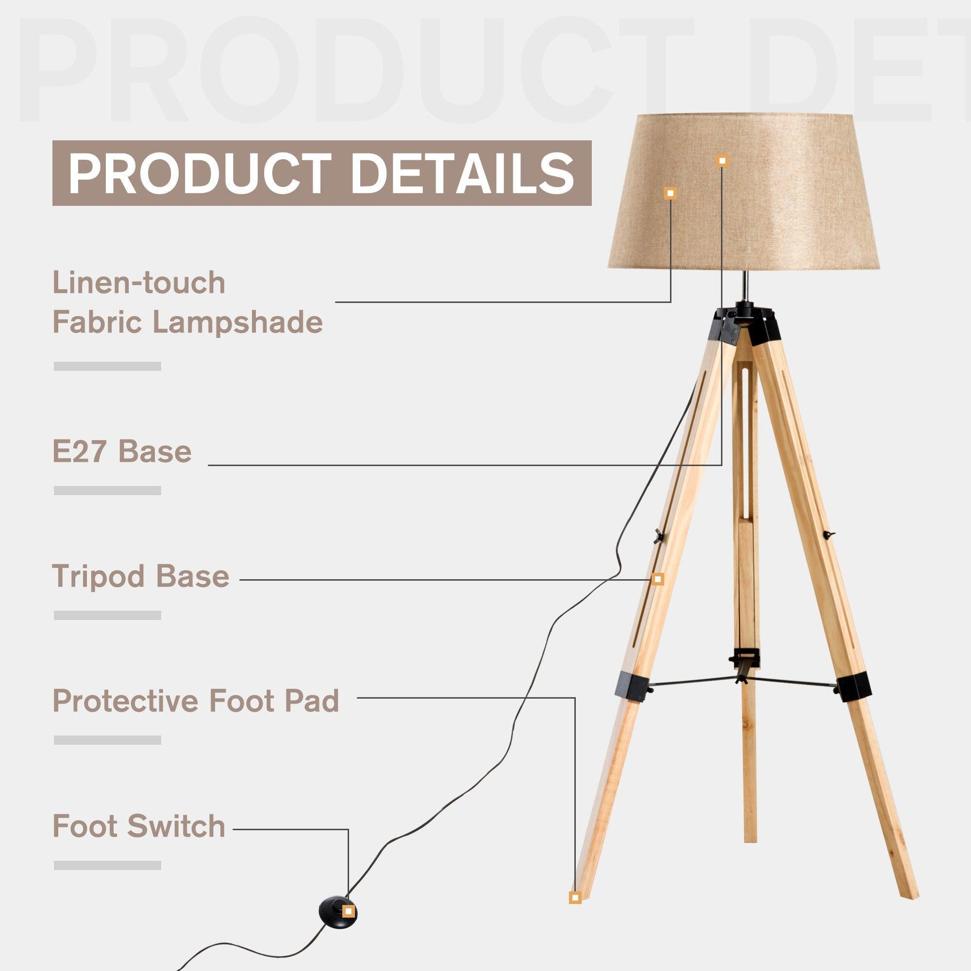 HOMCOM Adjustable Wooden Tripod Floor Lamp - Cream Shade - ALL4U RETAILER LTD