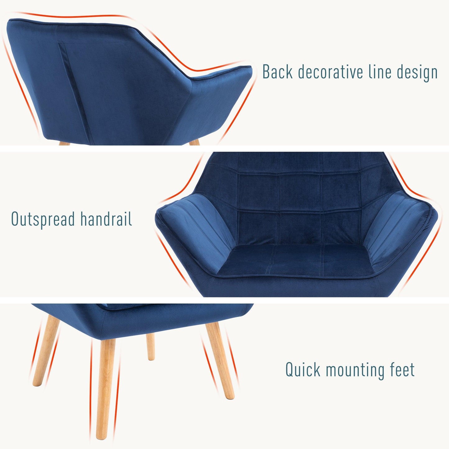 HOMCOM Blue Armchair with Wide Arms & Slanted Back - ALL4U RETAILER LTD