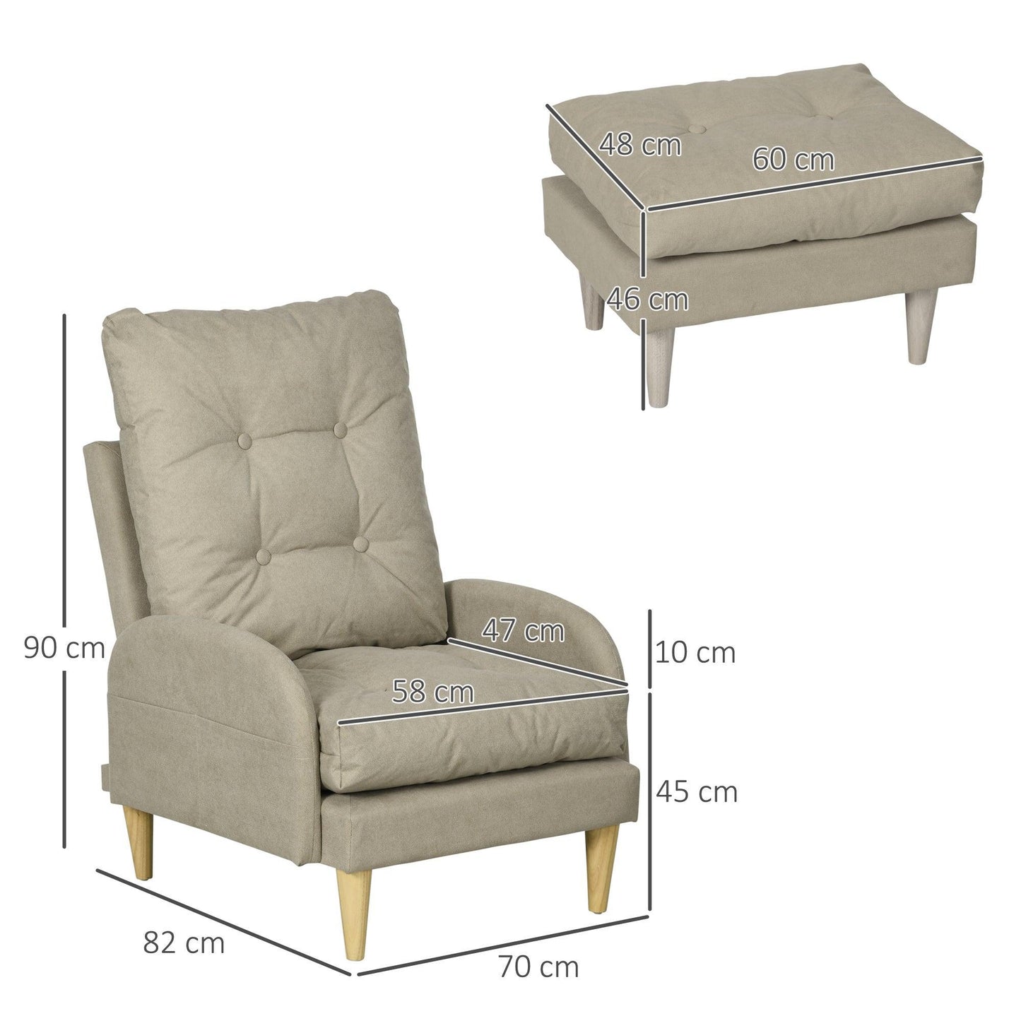 HOMCOM Armchair with Adjustable Backrest & Footstool - Beige - ALL4U RETAILER LTD