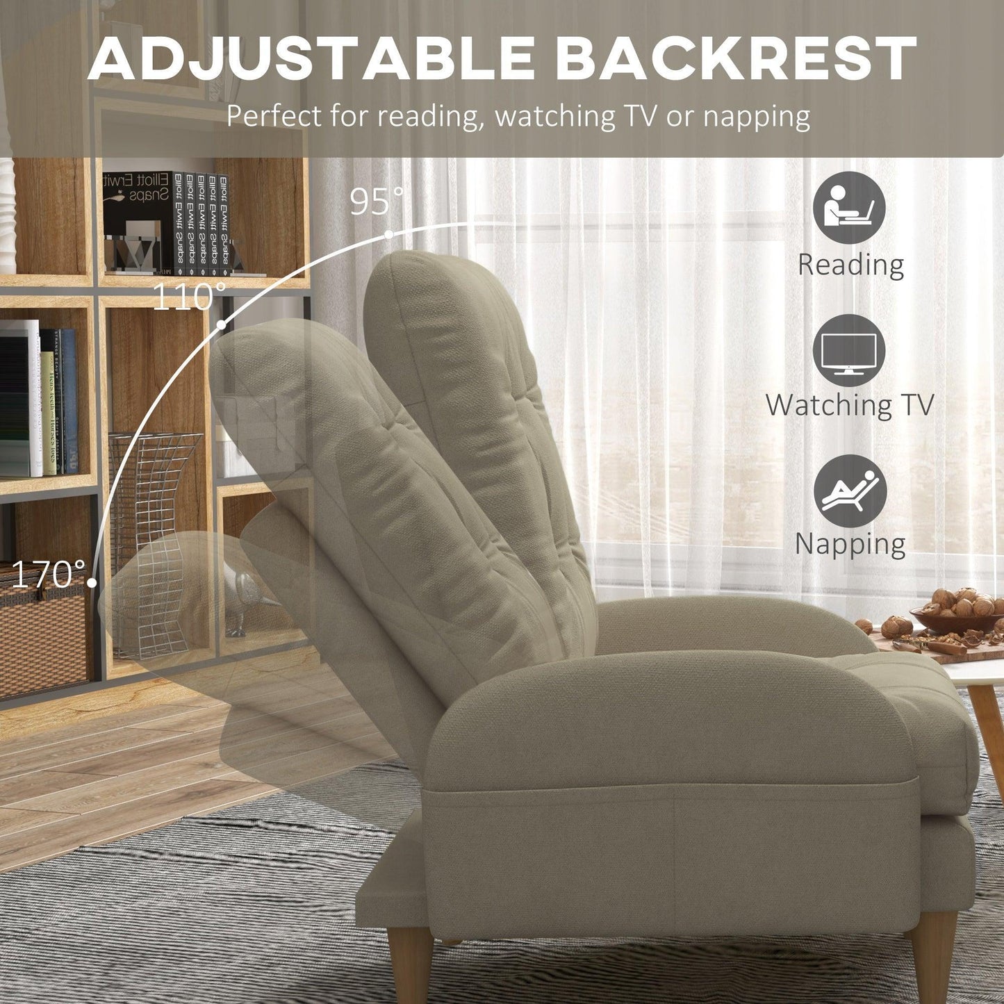 HOMCOM Armchair with Adjustable Backrest & Footstool - Beige - ALL4U RETAILER LTD