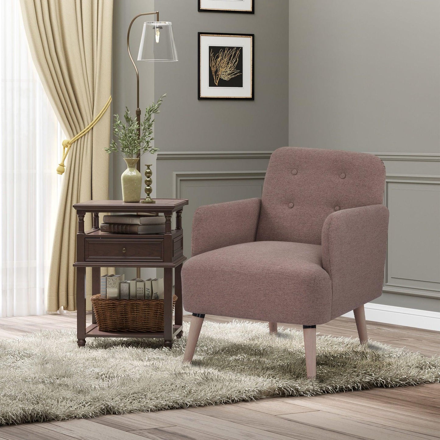 HOMCOM Armchair with Natural Wood Frame and Thick Padding - ALL4U RETAILER LTD