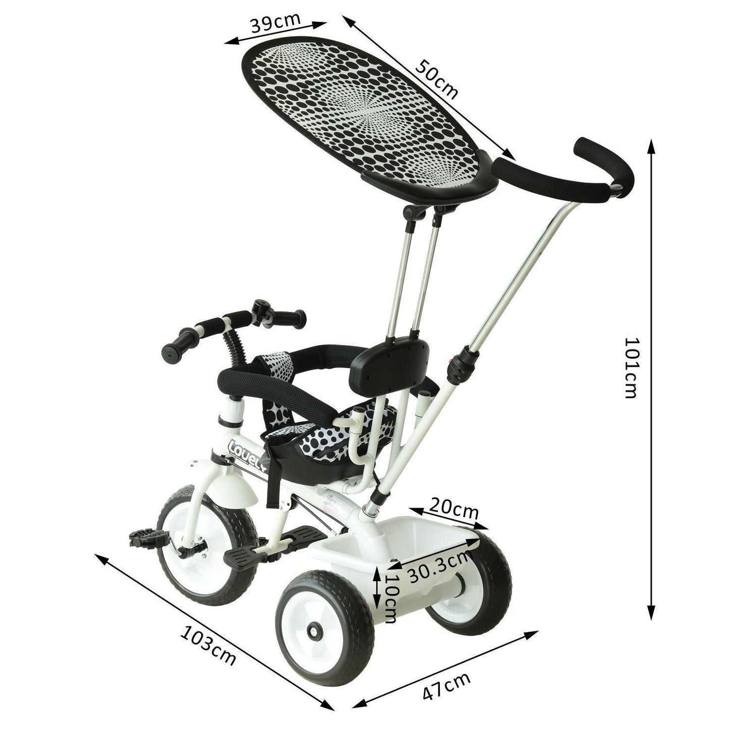 HOMCOM Baby Trike with Handle - White/Black - ALL4U RETAILER LTD