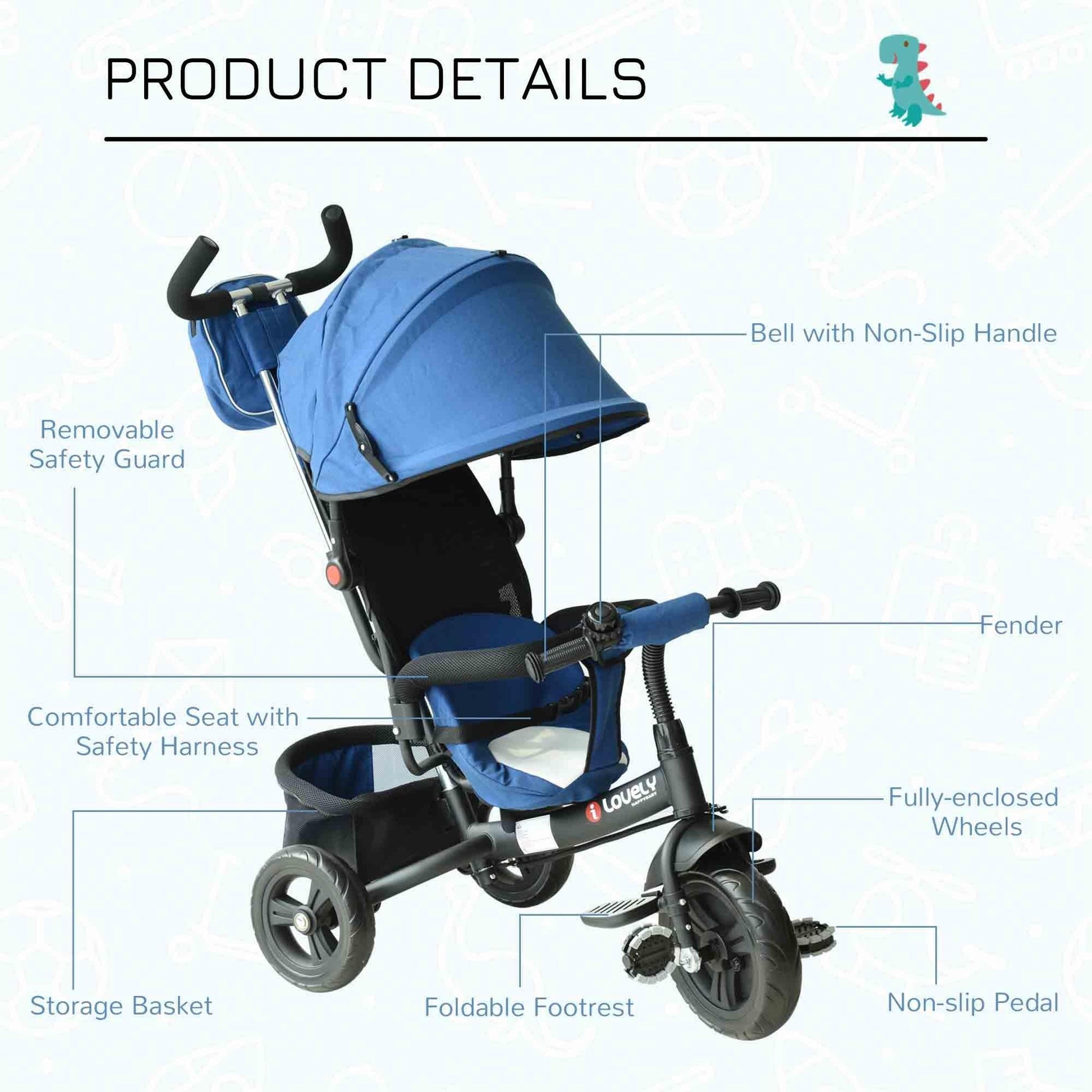 HOMCOM Baby Tricycle with Canopy - Blue - ALL4U RETAILER LTD