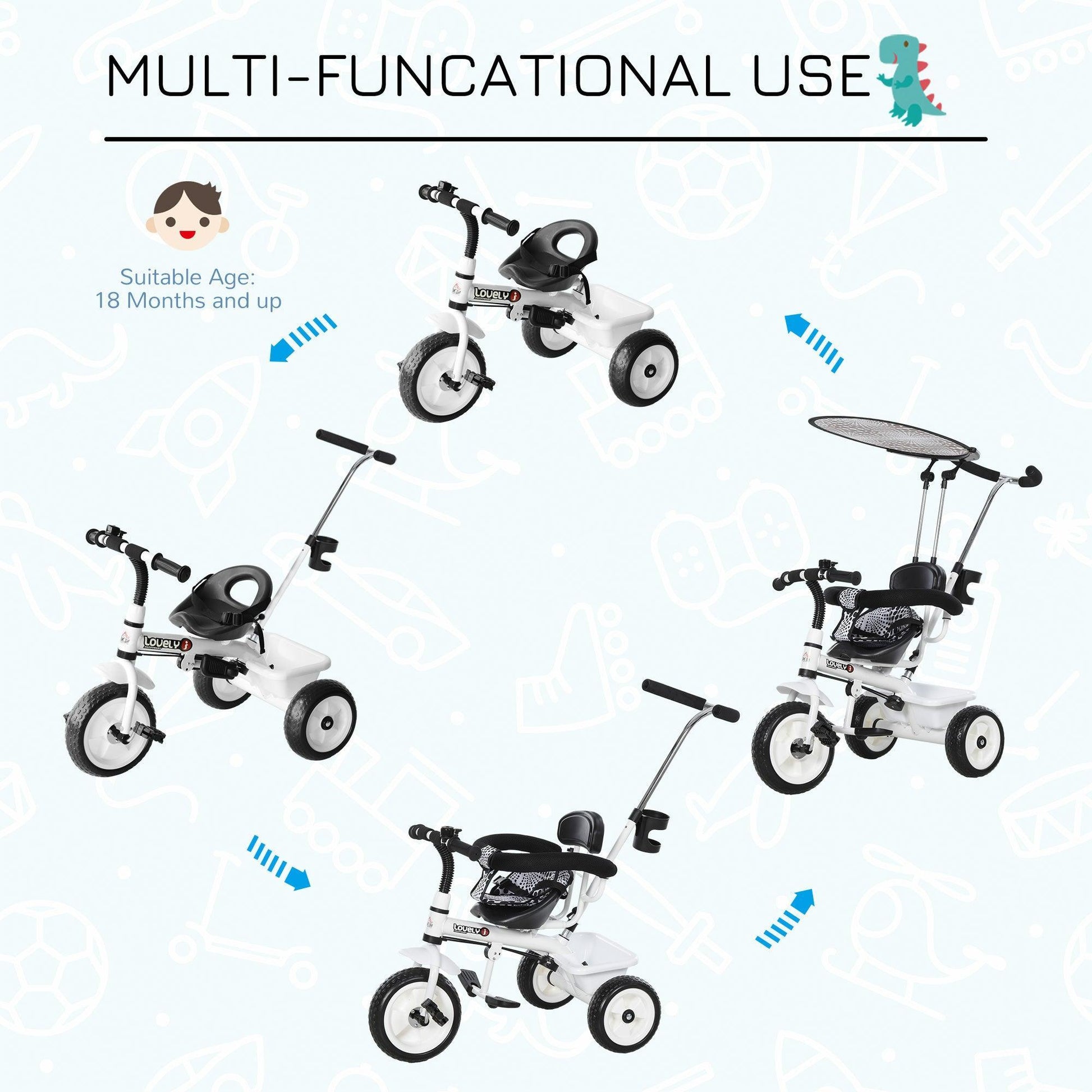 HOMCOM Baby Trike with Handle - White/Black - ALL4U RETAILER LTD