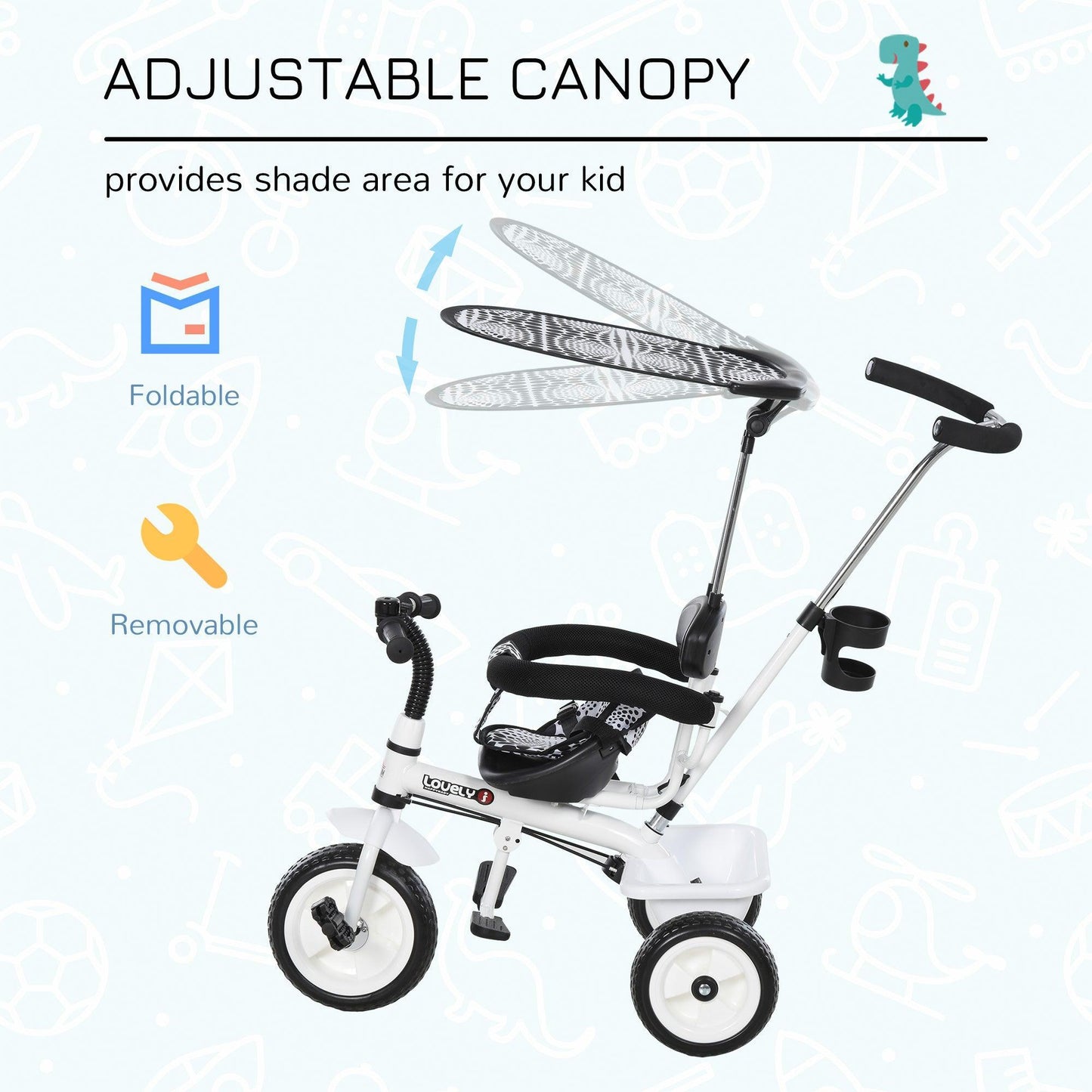 HOMCOM Baby Trike with Handle - White/Black - ALL4U RETAILER LTD