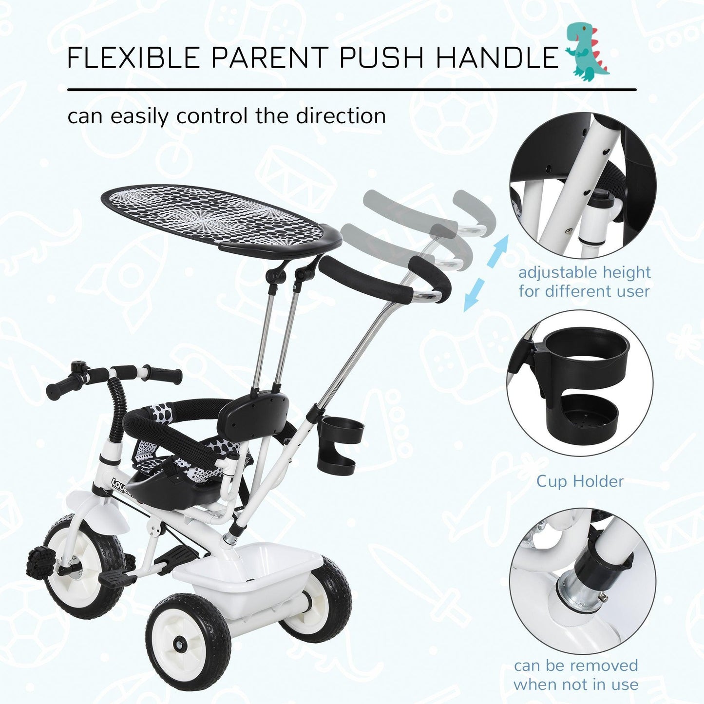 HOMCOM Baby Trike with Handle - White/Black - ALL4U RETAILER LTD