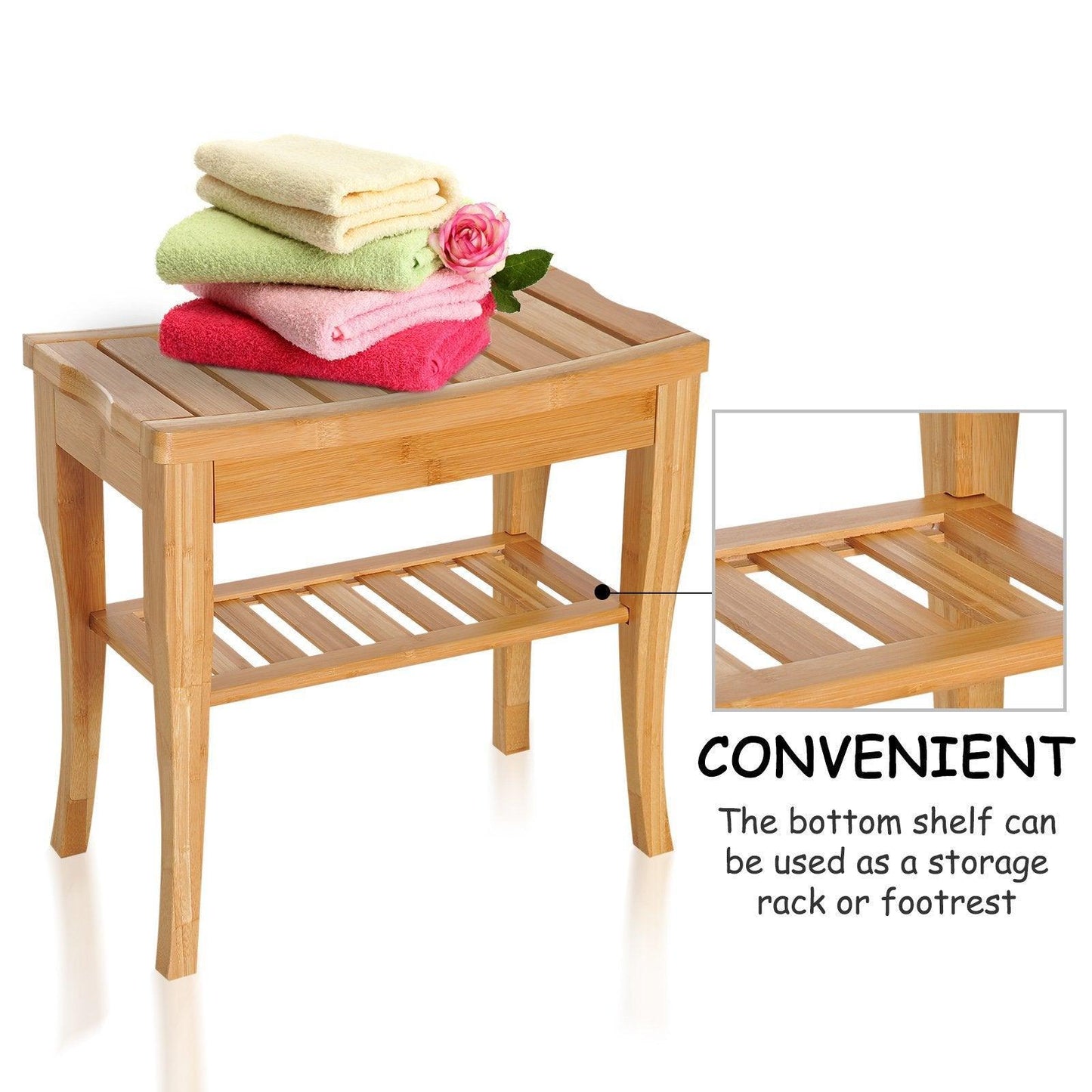 HOMCOM Bamboo Shower Bench with Lower Shelf - ALL4U RETAILER LTD