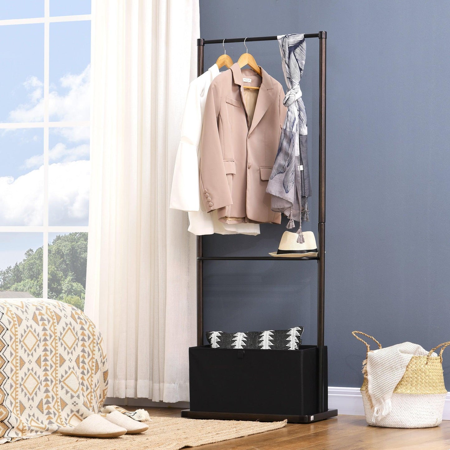 HOMCOM Bamboo Coat Rack with Open Shelves: Dark Walnut - ALL4U RETAILER LTD