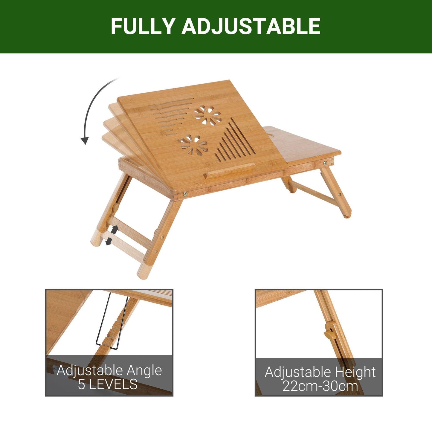 HOMCOM Bamboo Foldable Laptop Desk with Drawer - ALL4U RETAILER LTD