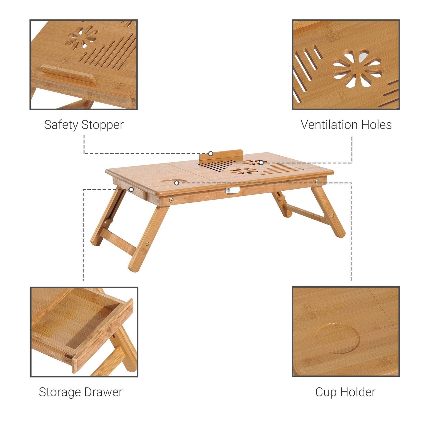 HOMCOM Bamboo Foldable Laptop Desk with Drawer - ALL4U RETAILER LTD