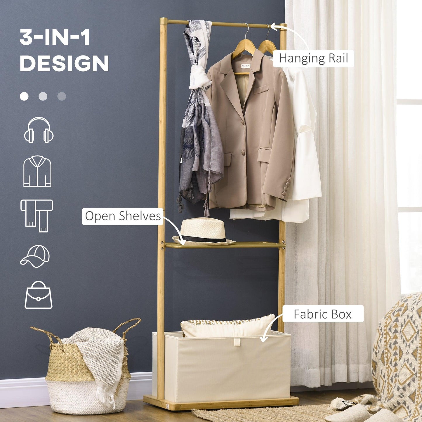 HOMCOM Bamboo Garment Rack with Shelves & Storage - ALL4U RETAILER LTD