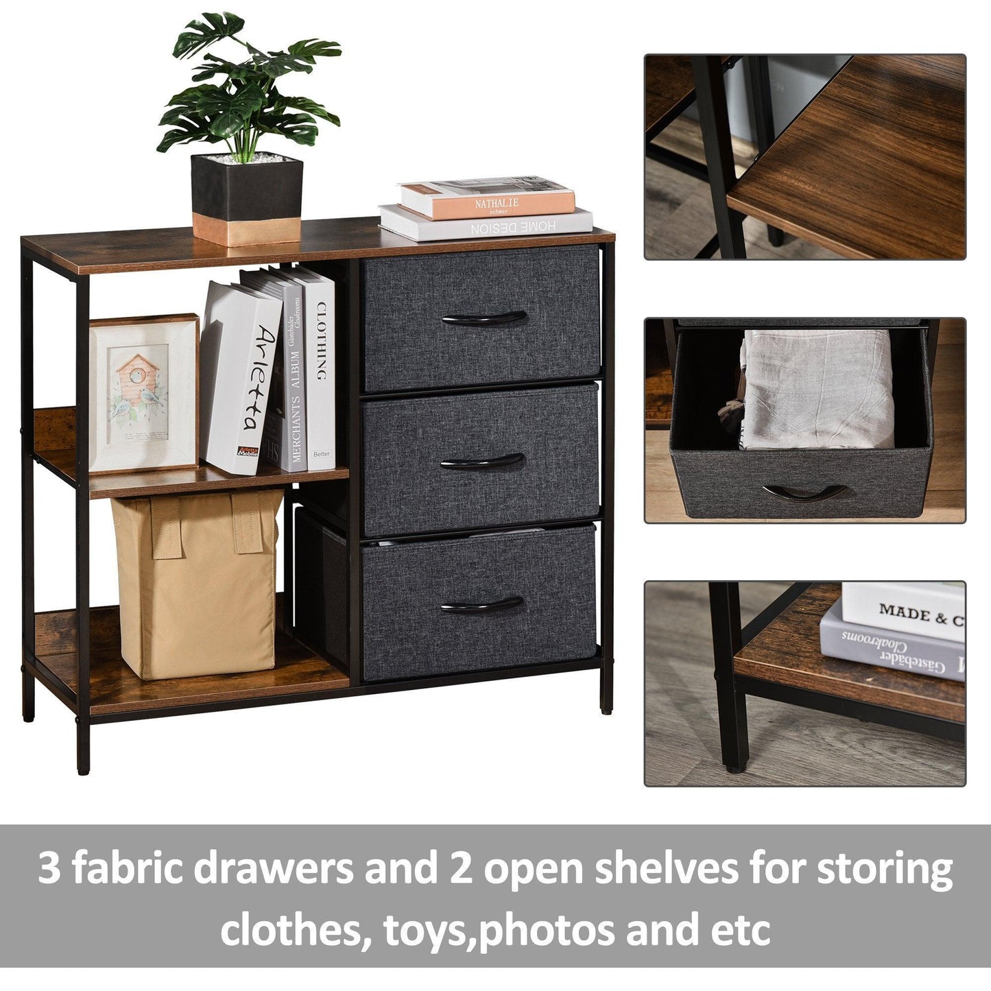 HOMCOM Black Chest of Drawers with Shelves & Fabric Drawers - ALL4U RETAILER LTD