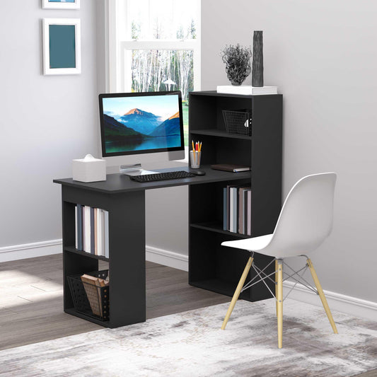 HOMCOM Black Computer Desk with Bookshelf - 6 Shelves - ALL4U RETAILER LTD