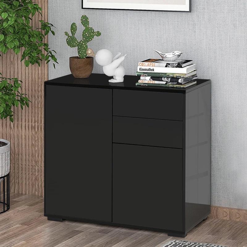 HOMCOM Black Gloss Sideboard - 2 Drawers, Push-Open Design - ALL4U RETAILER LTD