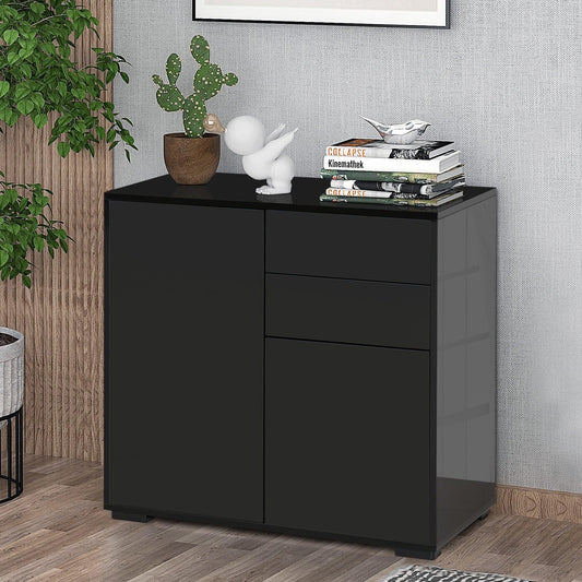 HOMCOM Black High Gloss Sideboard - Stylish 2-Drawer Cabinet - ALL4U RETAILER LTD