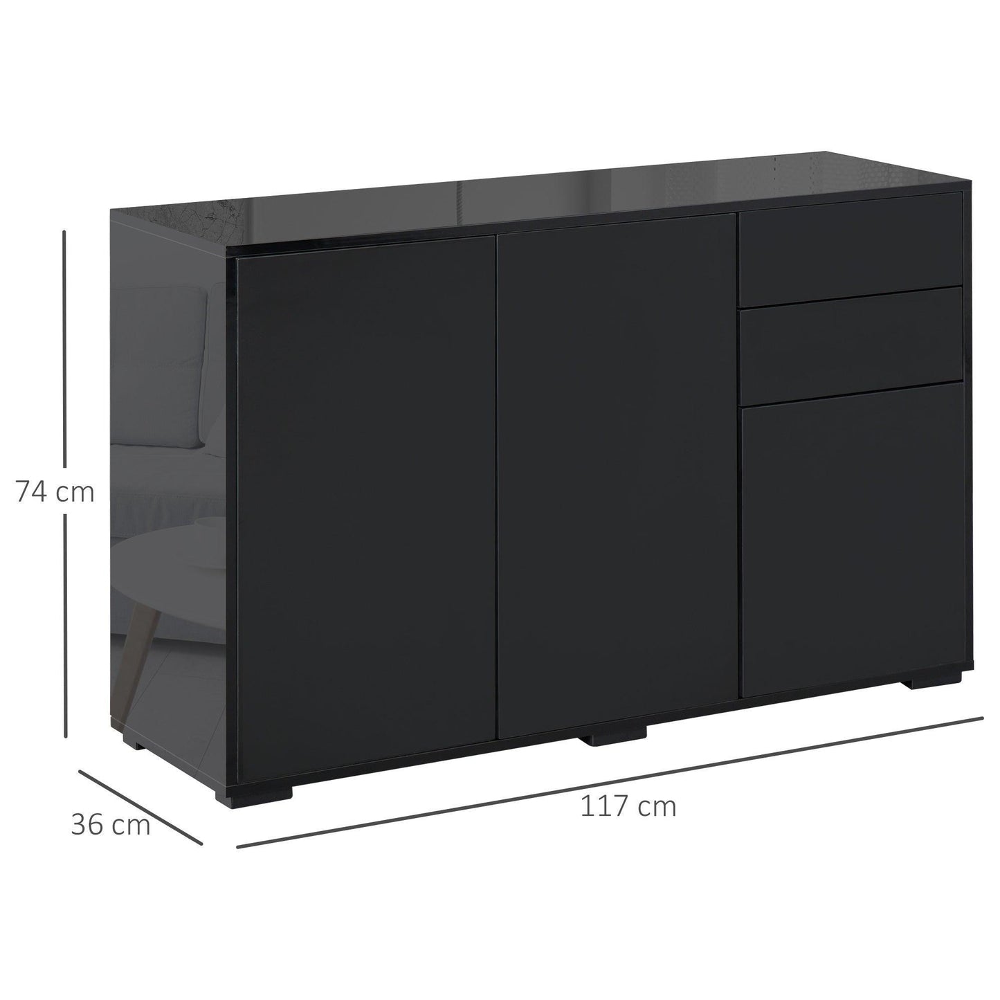 HOMCOM Black High Gloss Sideboard - Stylish 2-Drawer Cabinet - ALL4U RETAILER LTD