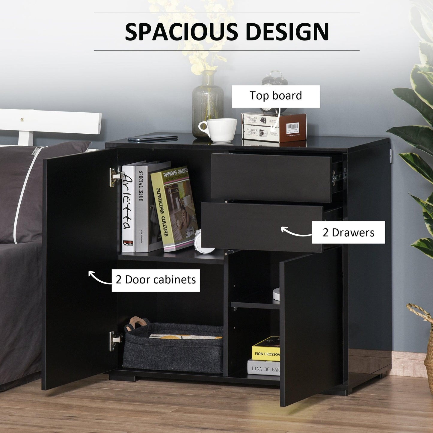 HOMCOM Black High Gloss Sideboard - Stylish 2-Drawer Cabinet - ALL4U RETAILER LTD