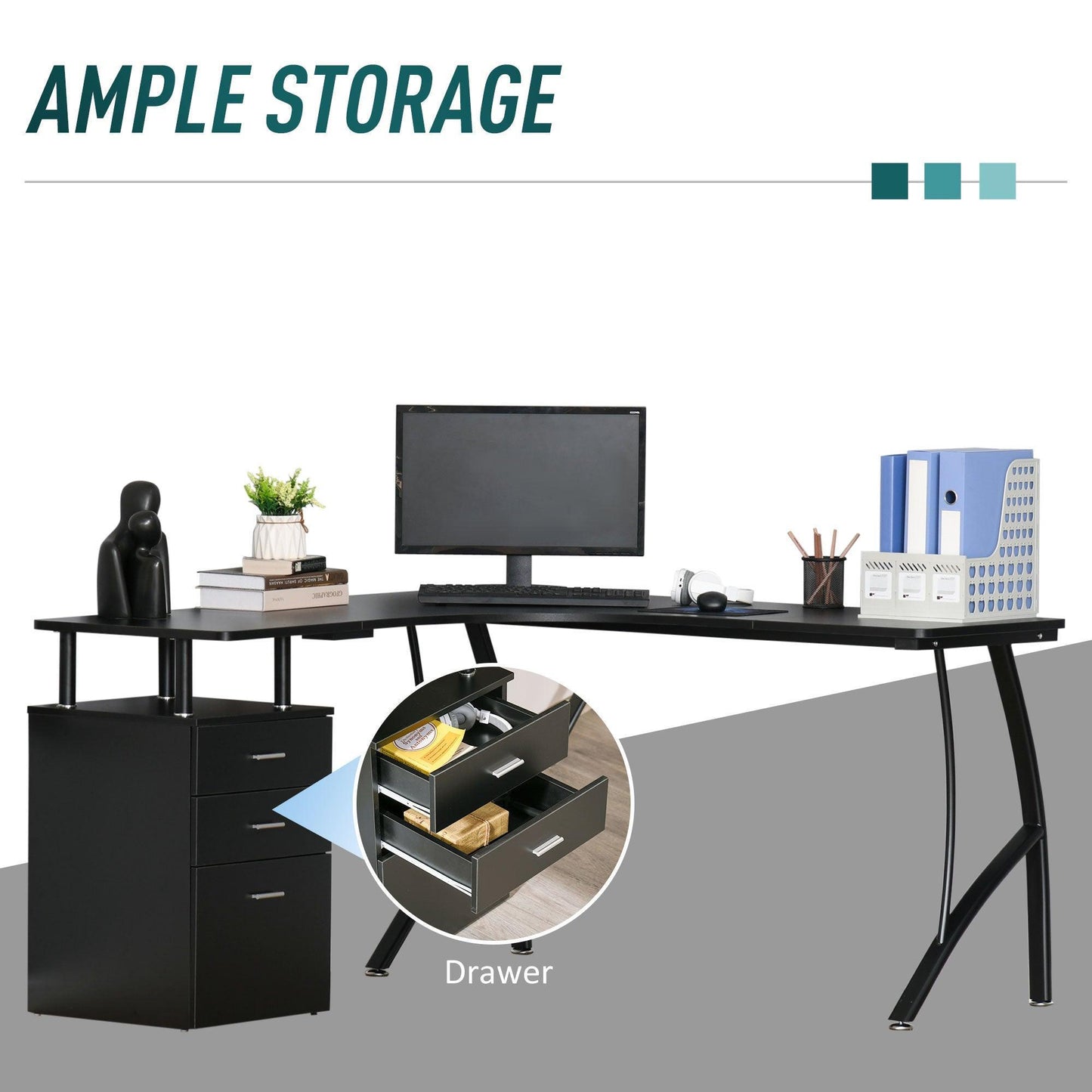 HOMCOM Black L-Shaped Desk with Storage Drawer - Efficient Workstation - ALL4U RETAILER LTD