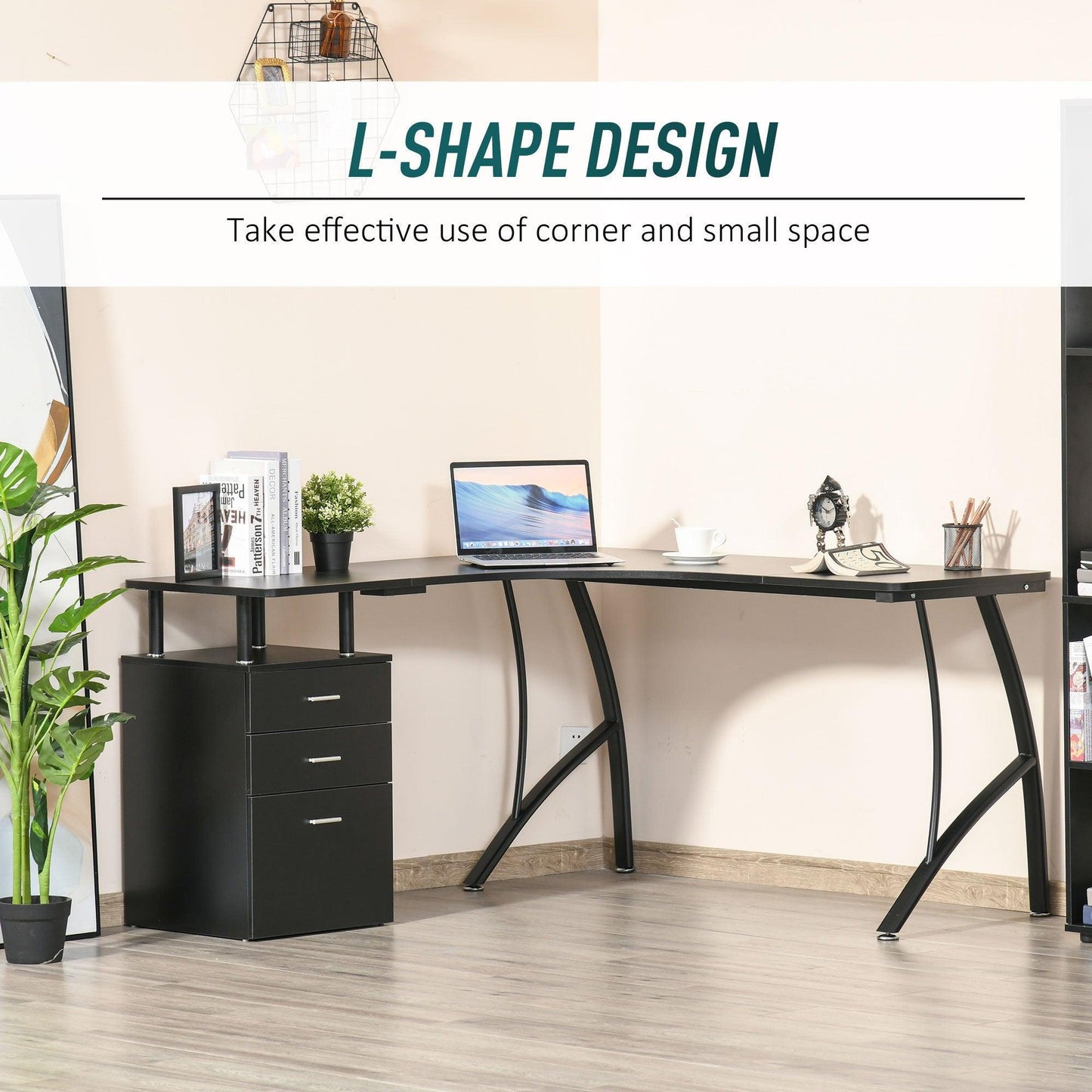 HOMCOM Black L-Shaped Desk with Storage Drawer - Efficient Workstation - ALL4U RETAILER LTD