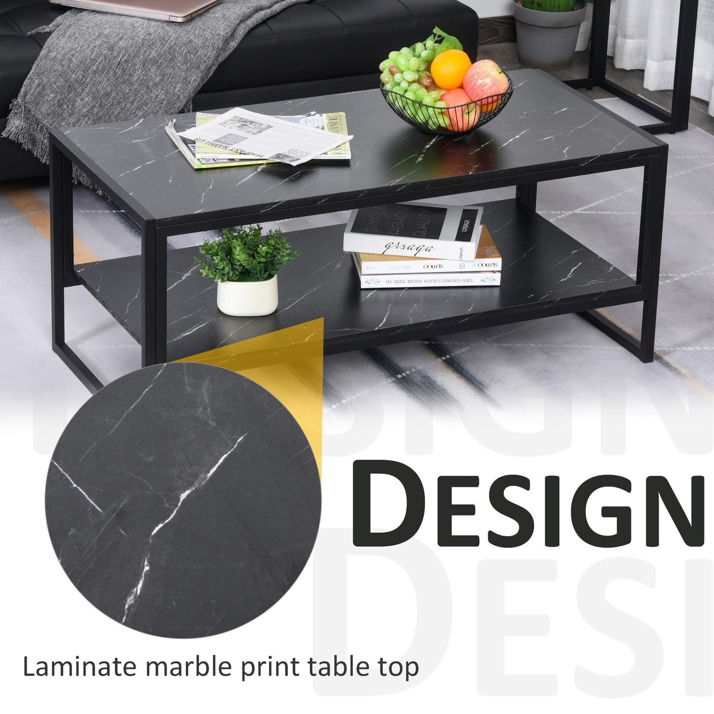 HOMCOM Black Marble Print Coffee Table - 2-Tier Modern Design - ALL4U RETAILER LTD