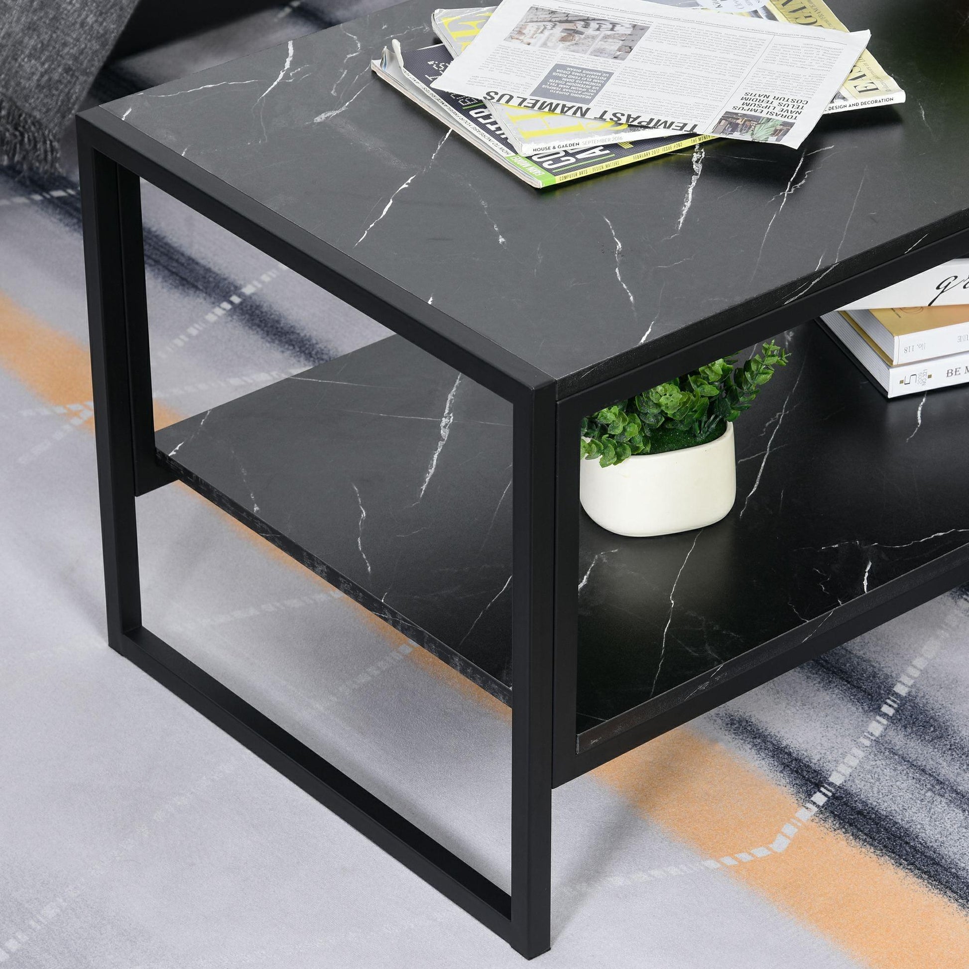 HOMCOM Black Marble Print Coffee Table - 2-Tier Modern Design - ALL4U RETAILER LTD