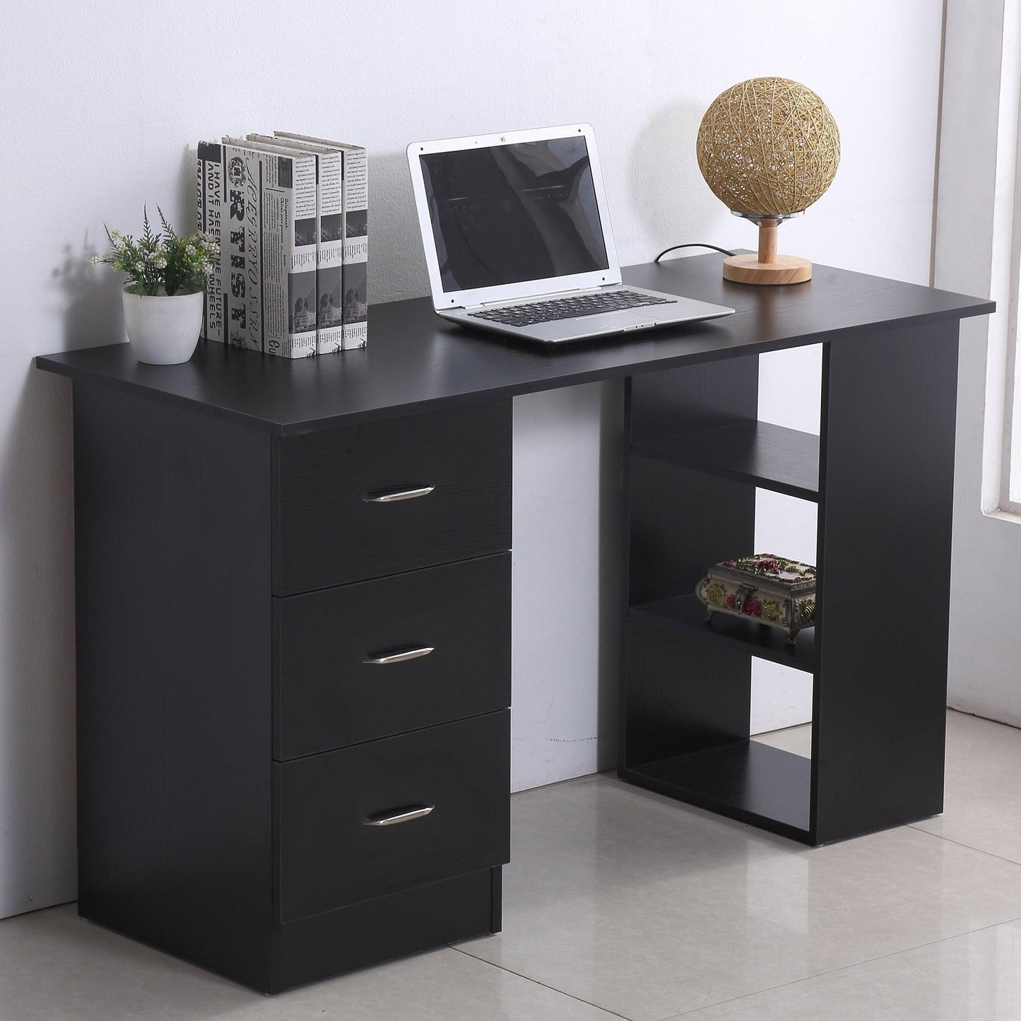 HOMCOM Black Writing Desk with Shelves & Drawers - ALL4U RETAILER LTD