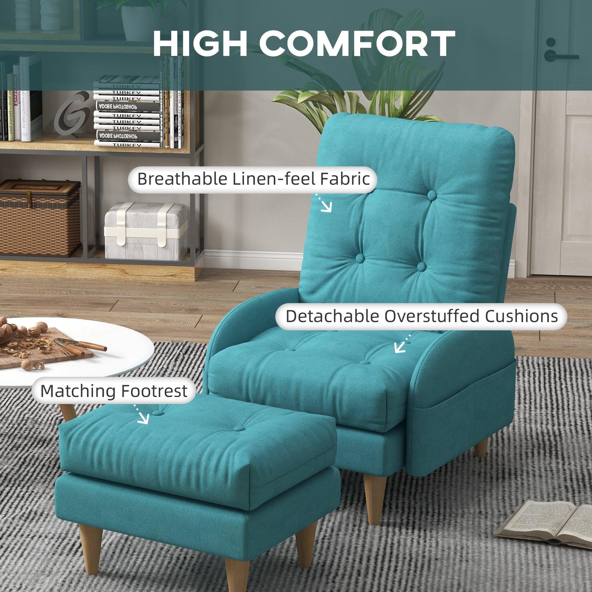 HOMCOM Blue Accent Chair with Footstool - ALL4U RETAILER LTD