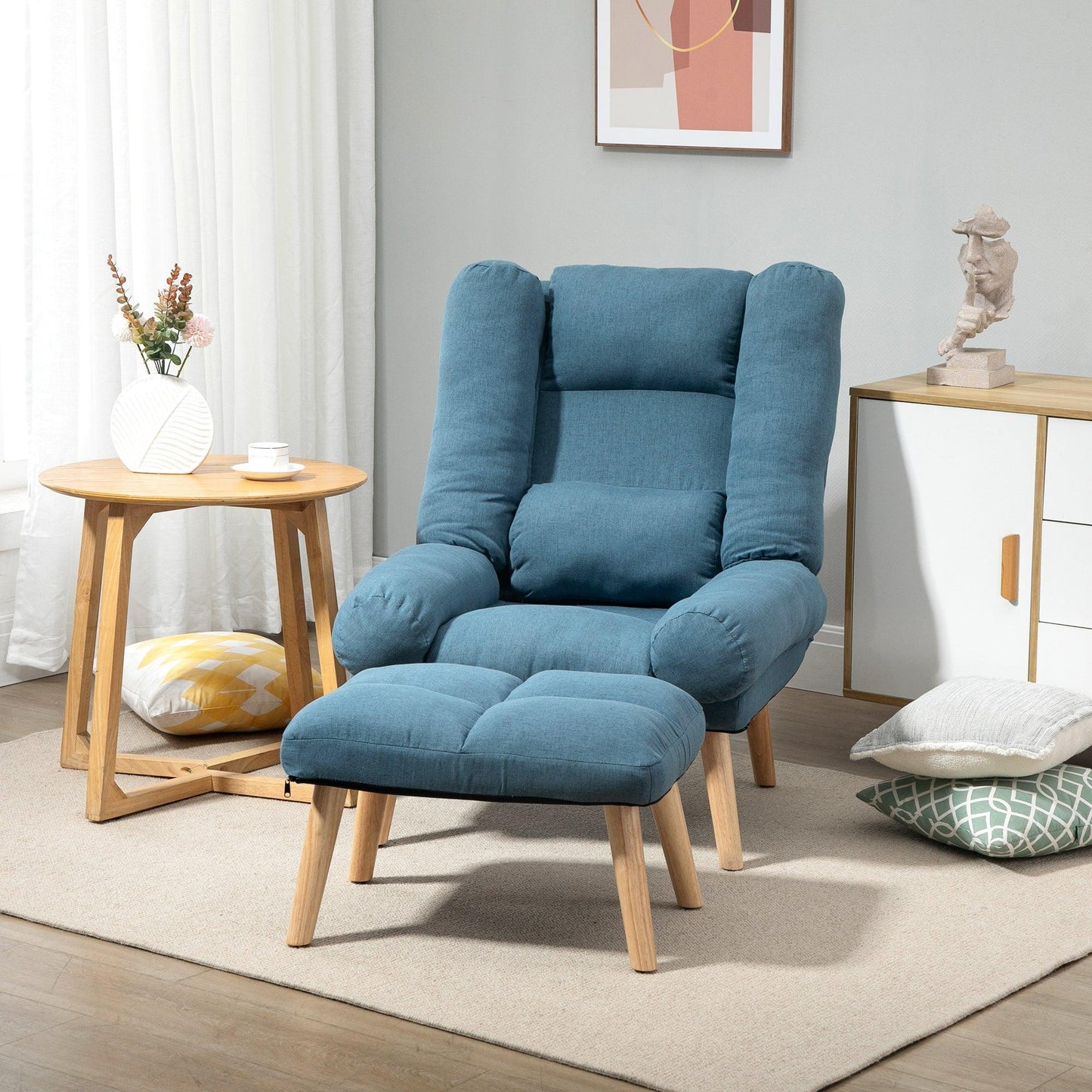 HOMCOM Blue Recliner Chair with Ottoman, 3-Position, Linen Fabric - ALL4U RETAILER LTD