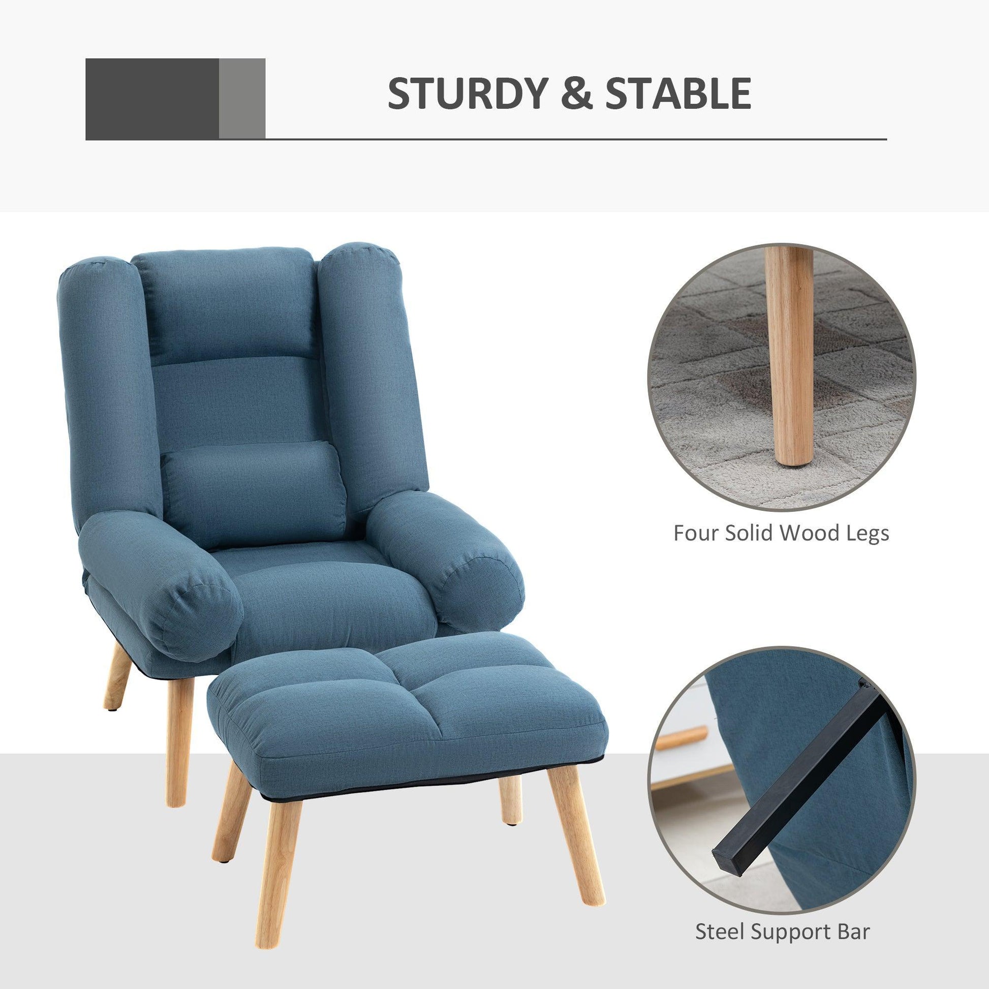 HOMCOM Blue Recliner Chair with Ottoman, 3-Position, Linen Fabric - ALL4U RETAILER LTD