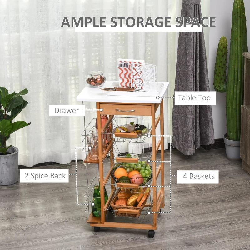 HOMCOM Brown Kitchen Cart: 4 baskets, side racks, wheels - ALL4U RETAILER LTD