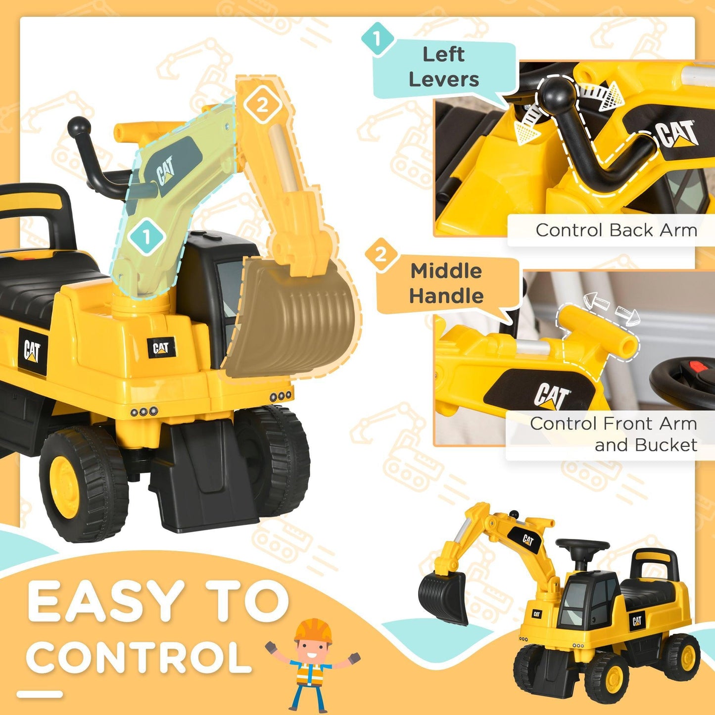 HOMCOM CAT Kids Ride-on Excavator: Fun-filled Construction Toy - ALL4U RETAILER LTD