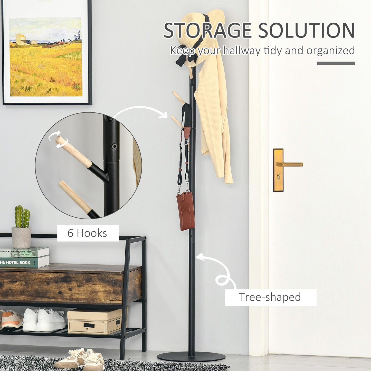 HOMCOM Coat Rack Stand, 6 Hooks, Hat Display - ALL4U RETAILER LTD