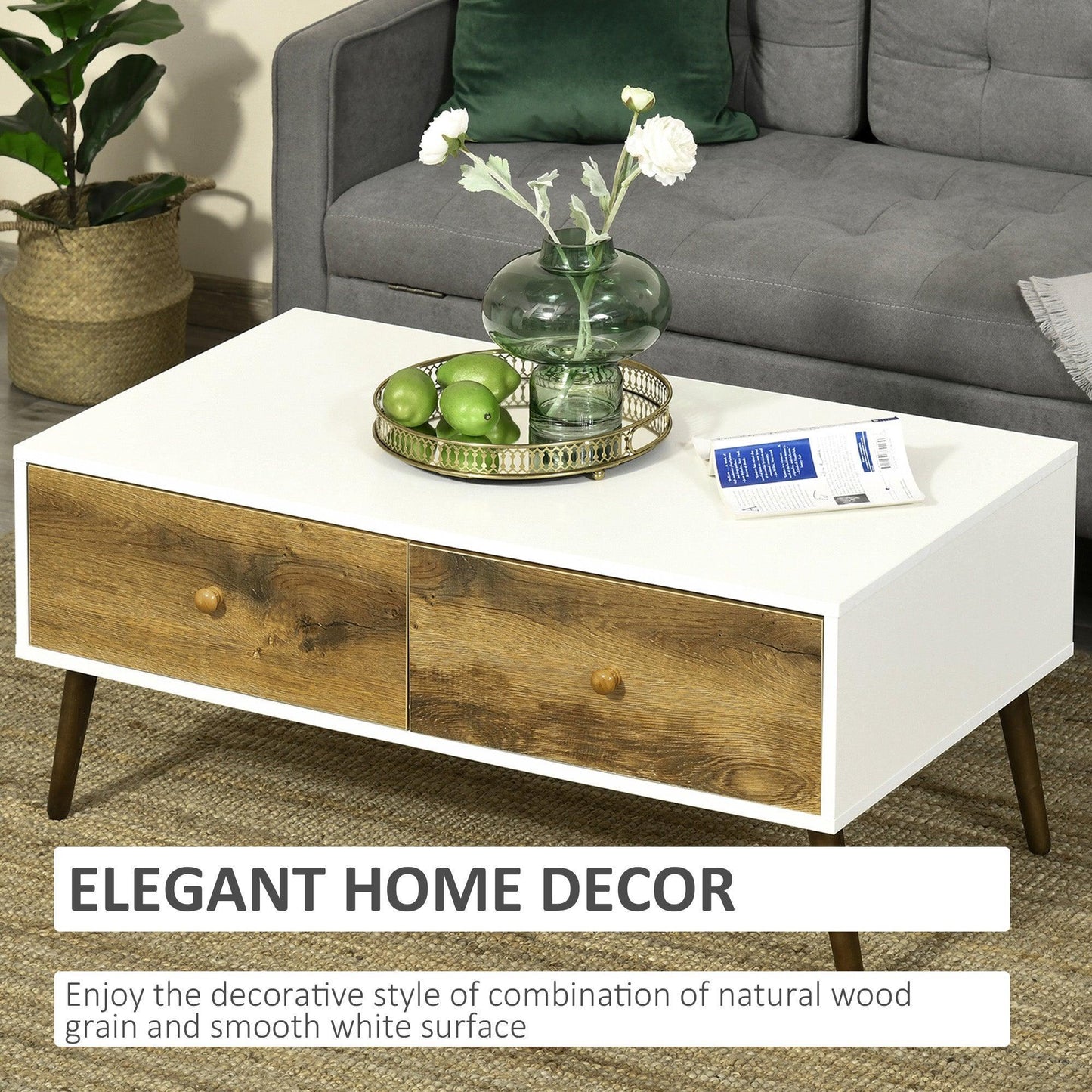 HOMCOM Coffee Table with 4 Drawers - Natural Wood - ALL4U RETAILER LTD