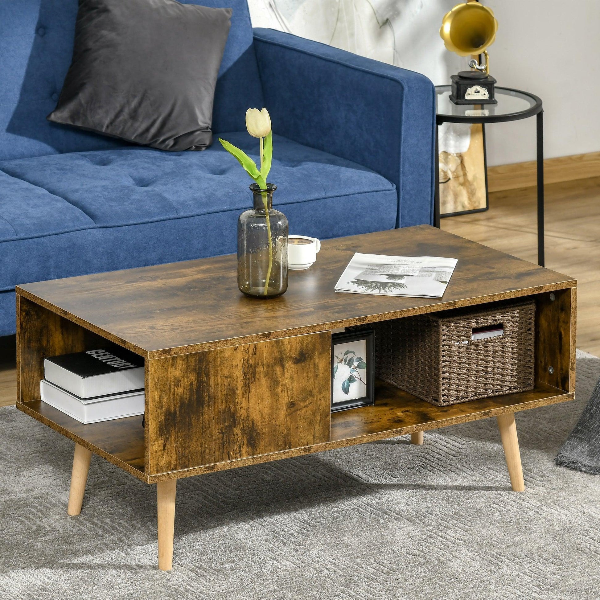 HOMCOM Rustic Brown Open Storage Coffee Table with Solid Wood Legs - ALL4U RETAILER LTD