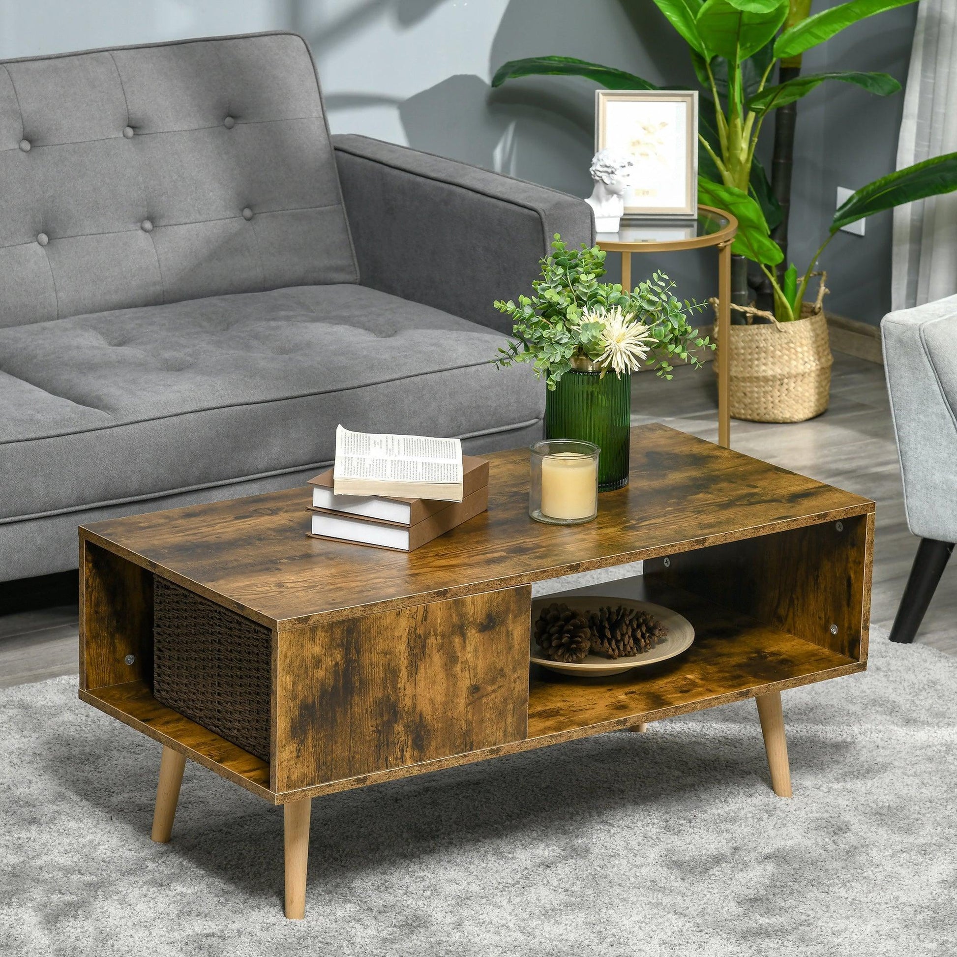 HOMCOM Rustic Brown Open Storage Coffee Table with Solid Wood Legs - ALL4U RETAILER LTD