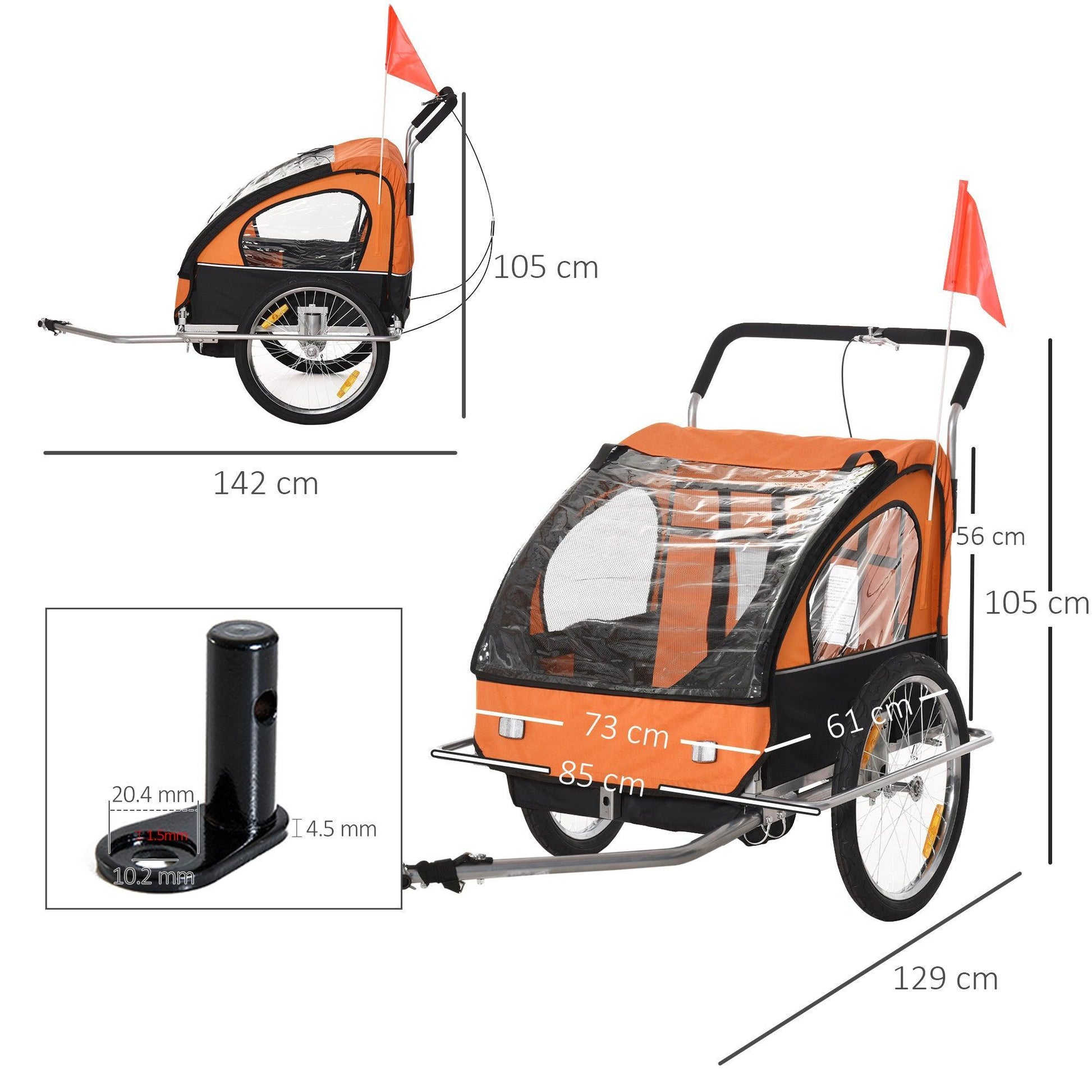 HOMCOM Collapsible 2-Seater Bike Trailer for Babies - Orange - ALL4U RETAILER LTD