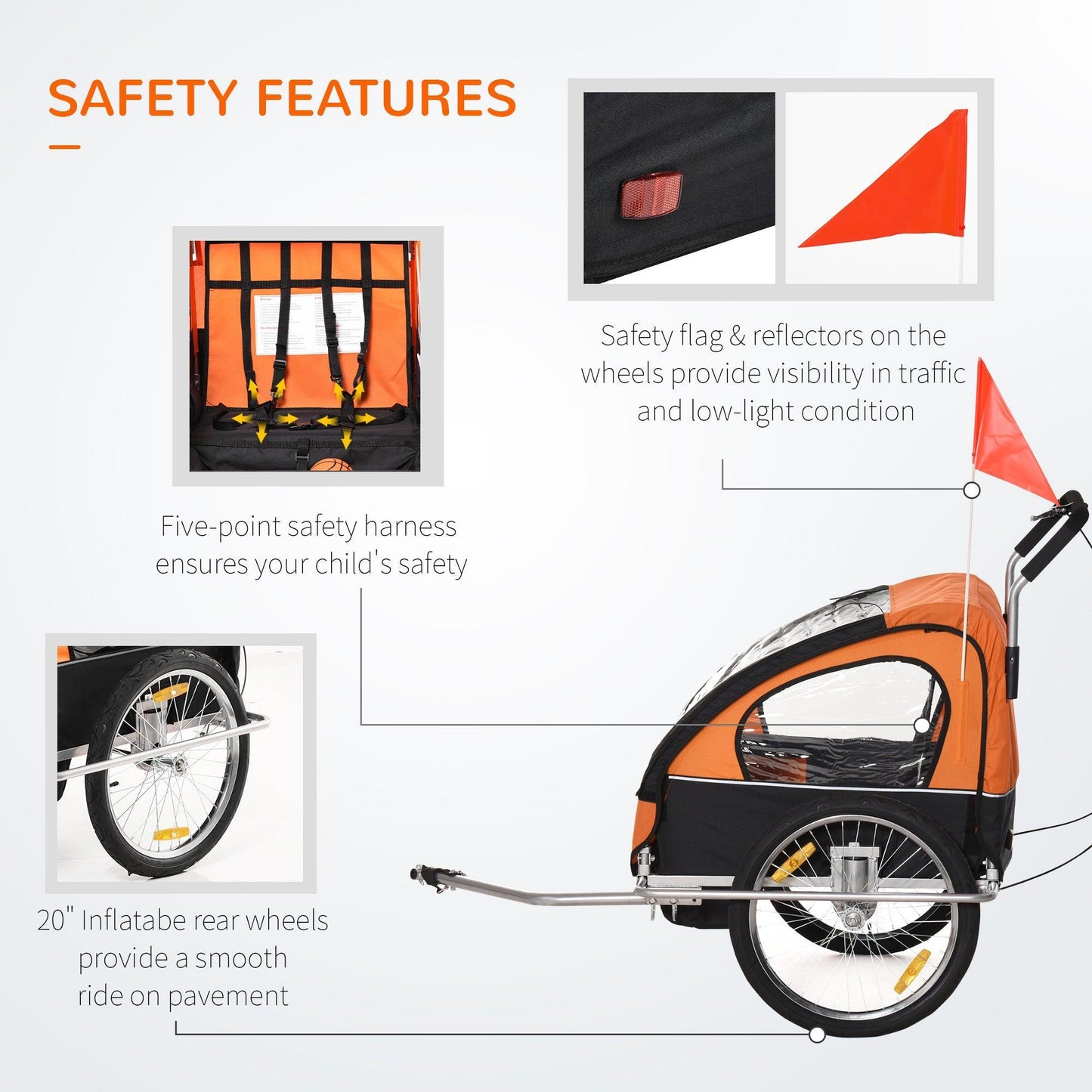 HOMCOM Collapsible 2-Seater Bike Trailer for Babies - Orange - ALL4U RETAILER LTD