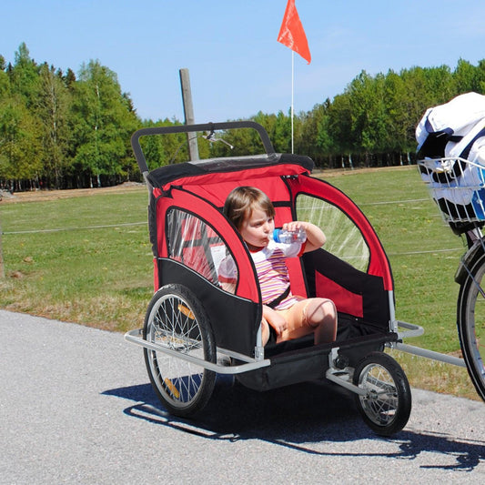 HOMCOM Collapsible 2-Seater Bike Trailer for Baby - Black & Red - ALL4U RETAILER LTD