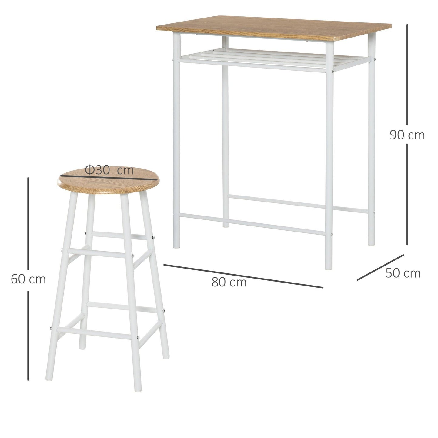 HOMCOM Compact Bar Table Set with Stools, White/Oak - ALL4U RETAILER LTD