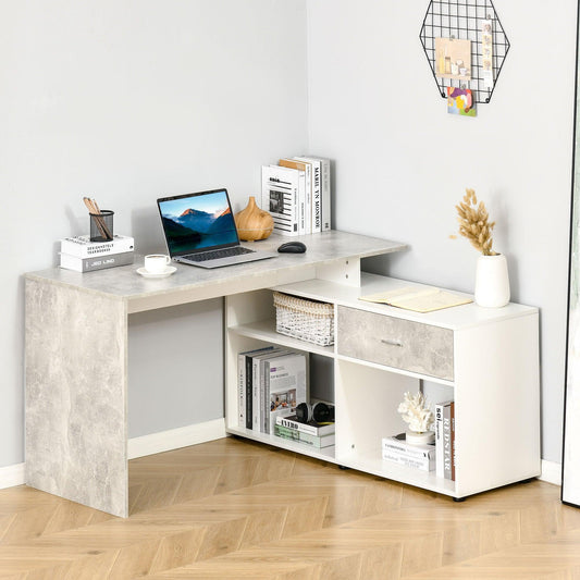 HOMCOM Compact Grey & White L-Shaped Desk with Shelves - ALL4U RETAILER LTD